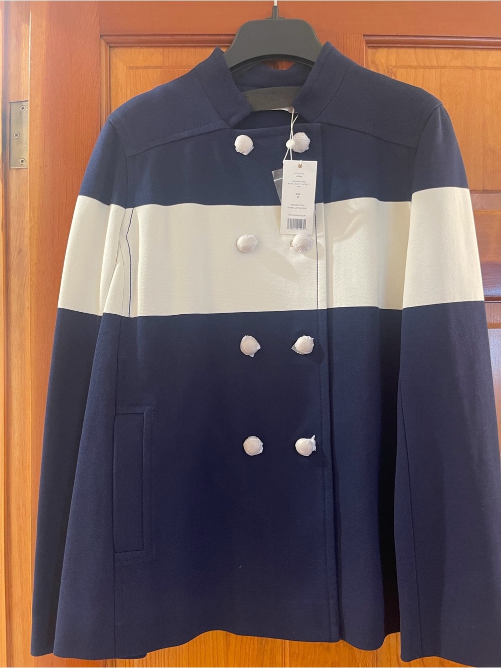 Tory Burch Navy and White Striped Double-Breasted Pea Coat